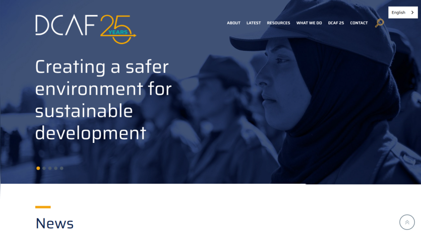 DCAF 25 years website promoting a safer environment for sustainable development with navigation menu and language selector