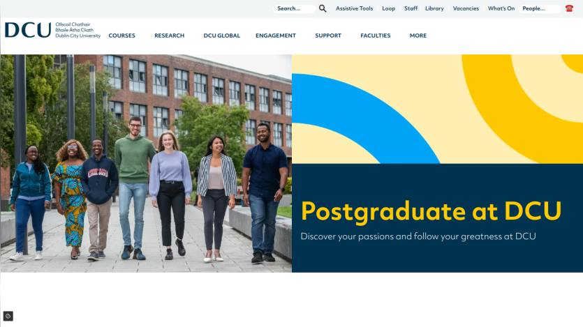 Postgraduate program promotion at DCU with diverse students walking on campus.