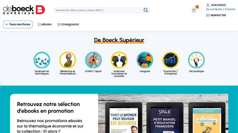 De Boeck Supérieur homepage with navigation, categories, and ebook promotions in French.