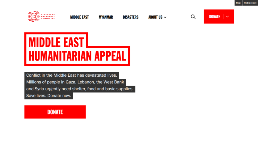 Middle East Humanitarian Appeal with a donation prompt and description of the crisis.