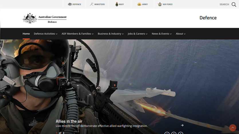 Australian Government Defence website featuring a pilot and military aircraft in action.