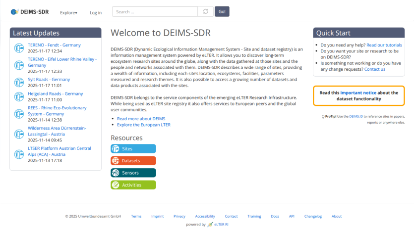 DEIMS-SDR homepage with welcome text, latest updates, quick start help, and resource links for ecological data management