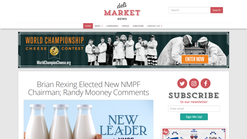 Deli Market News homepage with headline about Brian Rexing elected new NMPF Chairman, newsletter signup, and World Championship Cheese Contest banner.