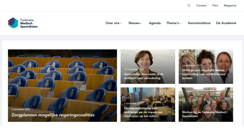 Federatie Medisch Specialisten website showing news articles on healthcare plans, environmental impact of medicines, and professional updates