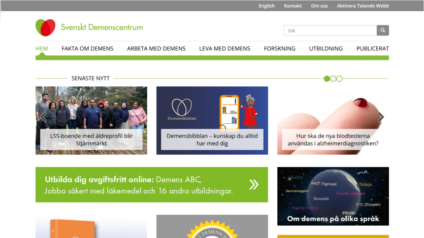 Svenskt Demenscentrum homepage with news, online education, and multilingual dementia info