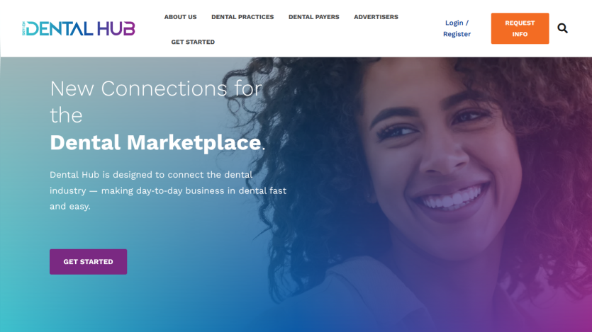 Dental Hub homepage with navigation, smiling woman, and text about connecting the dental marketplace