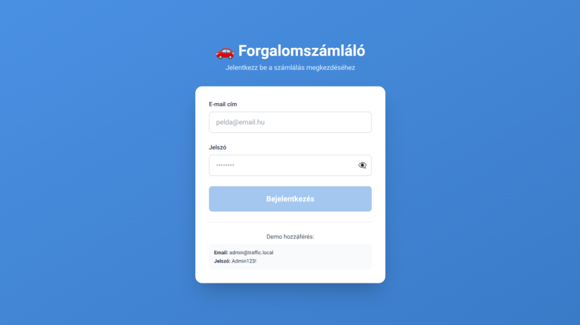 Login page for Forgalomszámláló with email and password fields and demo access info