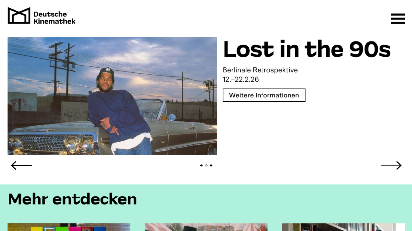 Deutsche Kinemathek homepage featuring Berlinale Retrospektive Lost in the 90s event with image and navigation