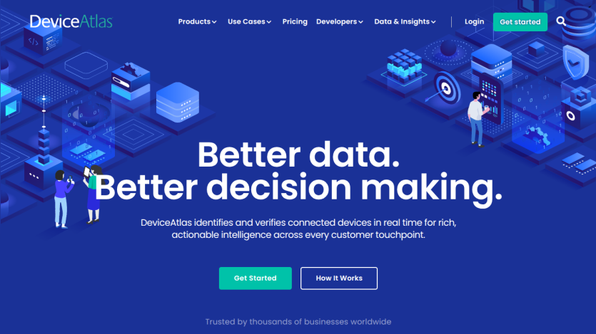 Homepage of DeviceAtlas with a tagline on data and decision making, featuring a call-to-action button.