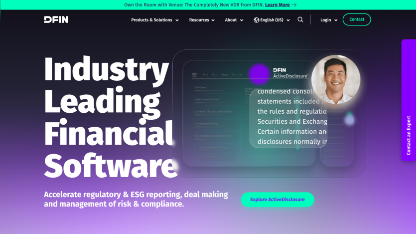 Homepage of financial software company DFIN highlighting industry leadership and risk management solutions