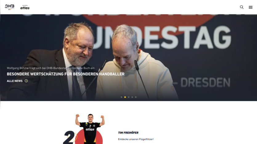DHB Bundestag website hero featuring news headline about Wolfgang Böhme's special recognition for a handball player