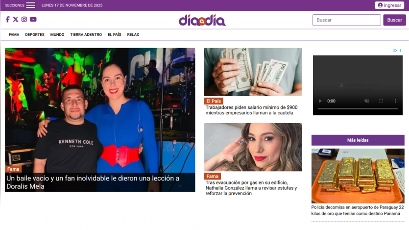 News website Dia a Dia with headlines on entertainment, economy, and local events, dated Monday, November 17, 2025