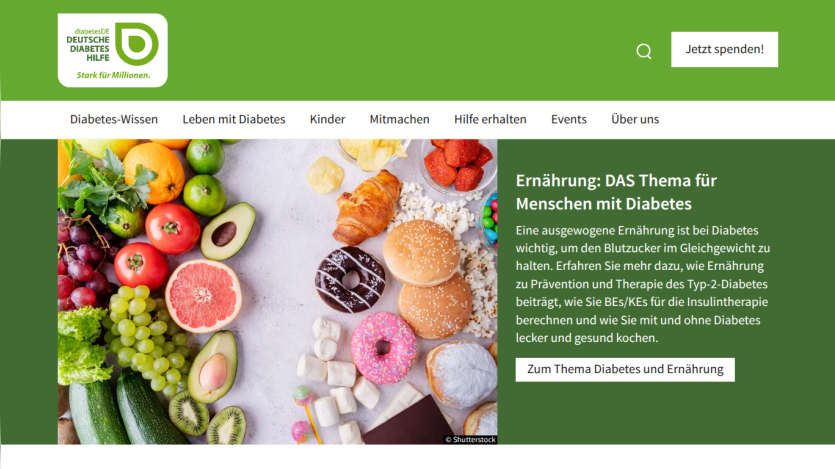 Website about diabetes nutrition with colorful fruits and pastries image and text on balanced diet for diabetes management