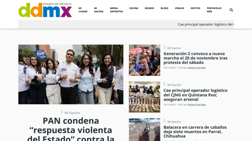 News homepage of Diario de México with headlines on PAN condemning violent state response and upcoming protests.