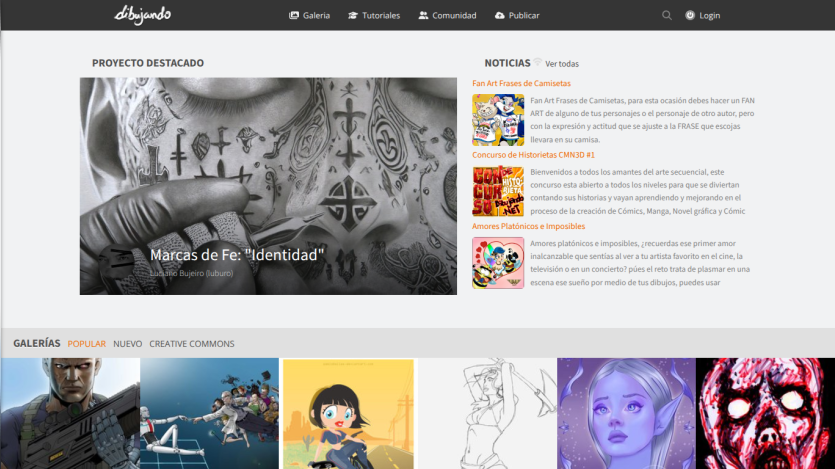 Art website featuring a highlighted project 'Marcas de Fe: Identidad' and recent news articles on fan art and comics