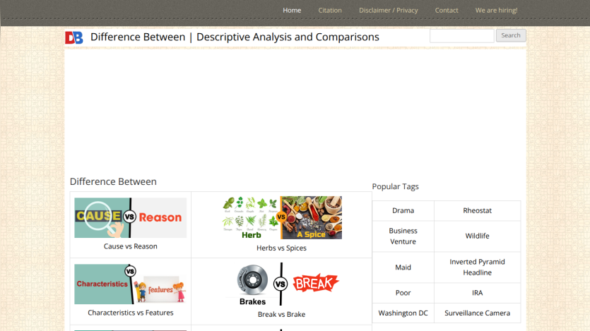 Website homepage showing navigation bar, search bar, and a section comparing different topics with icons and text