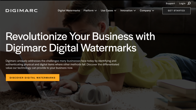 Website homepage promoting Digimarc Digital Watermarks with headline and call to action button
