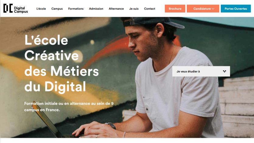 Digital Campus homepage with navigation and headline about creative digital careers and study options in France