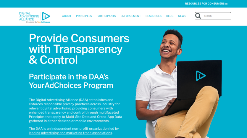 Website promoting consumer transparency and control with a call to participate in the AdChoices program.