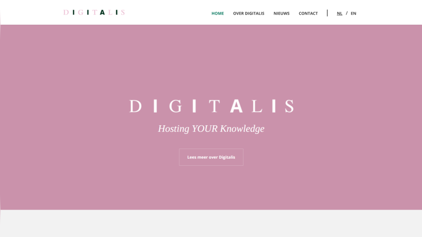 Digitalis website homepage with navigation and a hero section stating Hosting YOUR Knowledge and a button to learn more