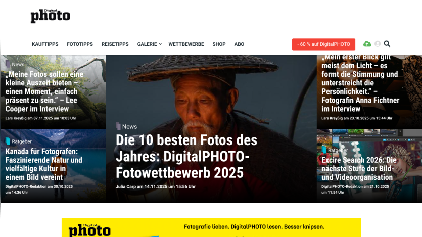 DigitalPHOTO homepage featuring top photography news and tips with a main story on the 10 best photos of 2025 photo contest