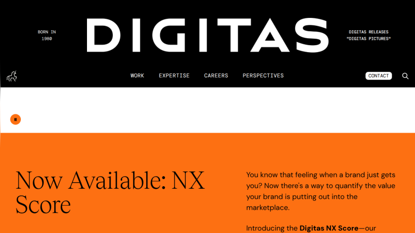 DIGITAS website header with navigation and NX Score hero section on black background