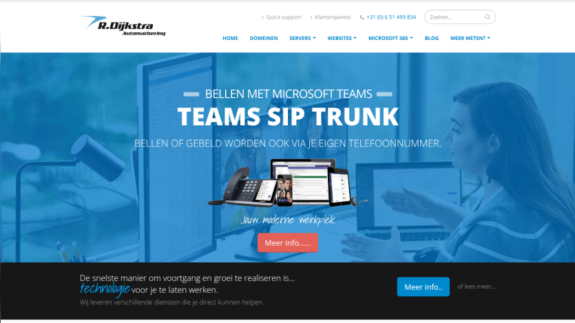 R. Dijkstra Automatisering website promoting Teams SIP Trunk for calling with Microsoft Teams using your own phone number.