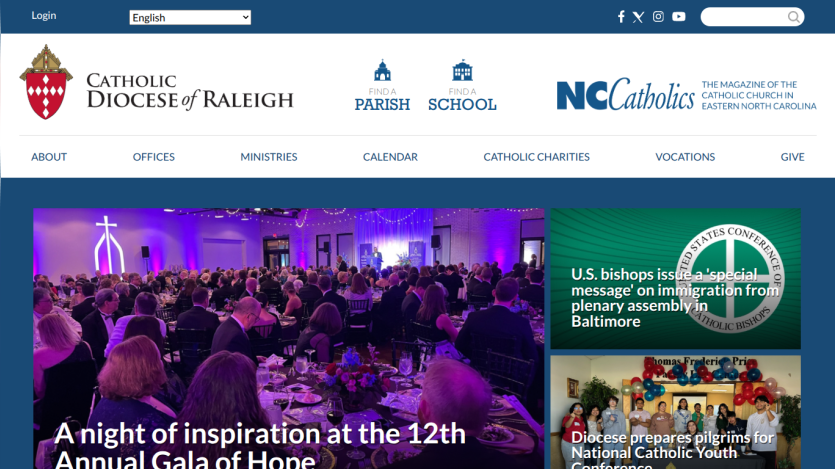 Catholic Diocese of Raleigh homepage with navigation links and news highlights including 12th Annual Gala of Hope and U.S. bishops' message on immigration