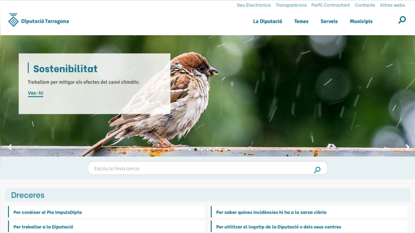 Diputació Tarragona website with a bird image and sustainability message about mitigating climate change.