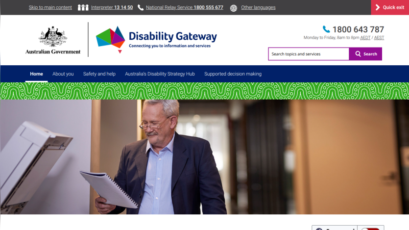 Disability Gateway website header with Australian Government logo, contact info, navigation menu, search bar, and warehouse worker hero image
