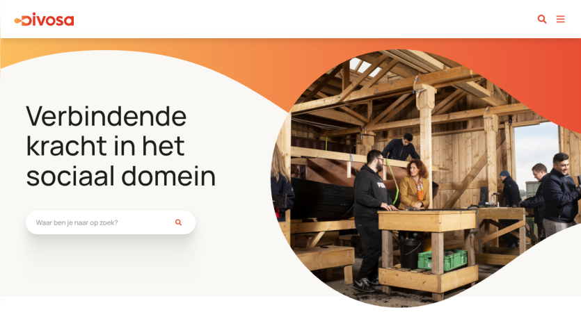 Homepage with header, search bar, and hero text about connecting power in the social domain alongside a workshop image