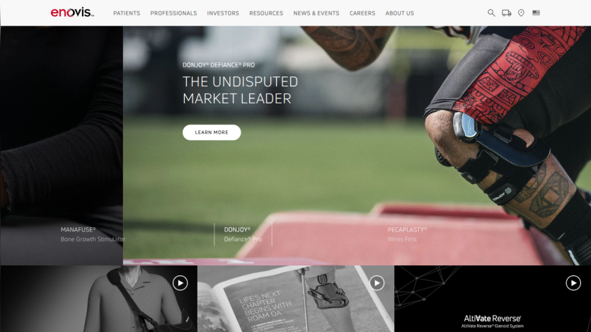 Enovis website featuring DonJoy Defiance Pro as the undisputed market leader with navigation for patients, professionals, investors, and more