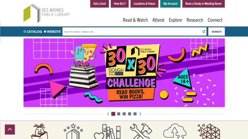 Des Moines Public Library homepage featuring navigation, search bar, and 30x30 reading challenge banner