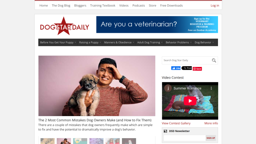 Dog Star Daily website with navigation, article on common dog owner mistakes, and video contest section