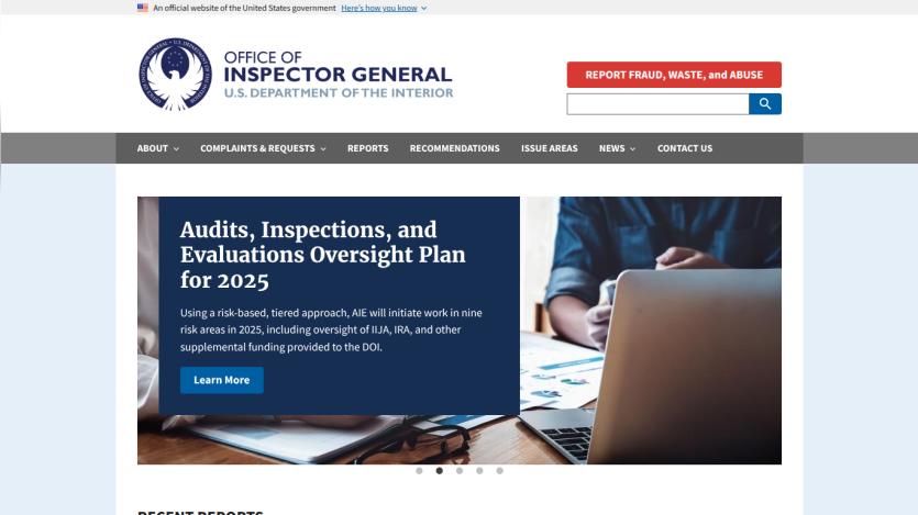 Office of Inspector General homepage with navigation and a featured plan for audits, inspections, and evaluations in 2025.
