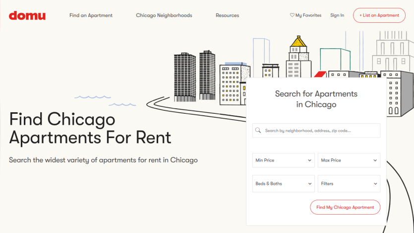 Apartment rental website homepage with search form for Chicago apartments including filters for price, beds, and baths