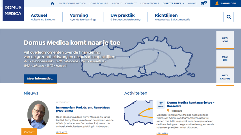 Domus Medica homepage with navigation, announcement of local meetings on healthcare financing, news about Prof. Remy Maes, and upcoming activities.