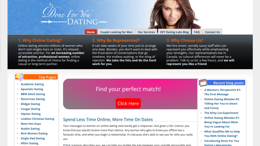Done For You Dating homepage with reasons to choose service, dating categories, blog posts, and call to action to find your perfect match