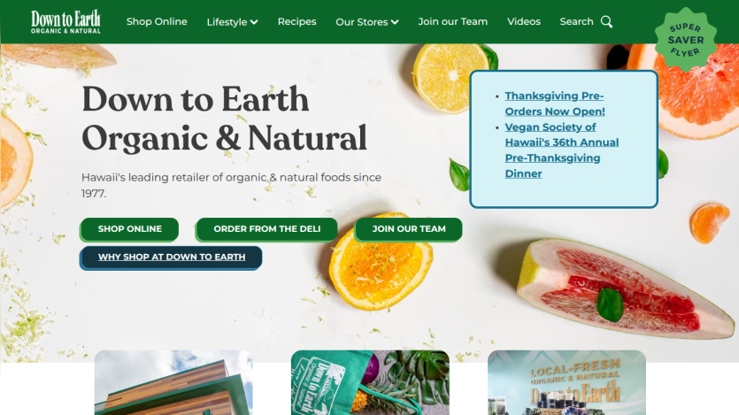 Down to Earth Organic & Natural homepage with navigation, promotional links, and call-to-action buttons