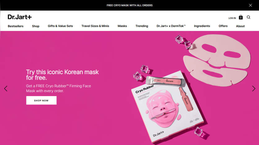 Dr.Jart+ website hero promoting iconic Korean mask with free offer and product image on pink background