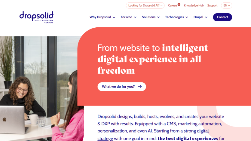Dropsolid website hero with tagline about intelligent digital experience and a call to action button