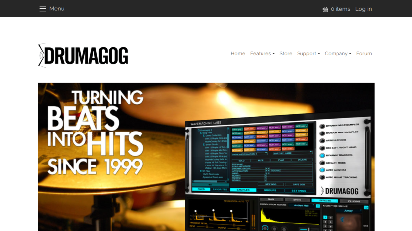 Drumagog website hero section promoting drum beat software with tagline Turning Beats Into Hits Since 1999