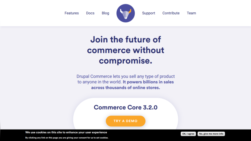 Drupal Commerce homepage with navigation links and a call to action to try Commerce Core 3.2.0 demo