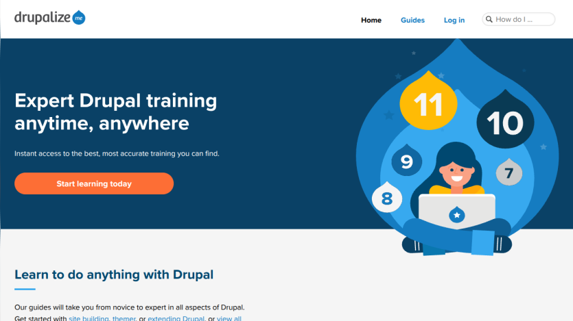 Drupalize.me homepage offering expert Drupal training anytime with a call to action button