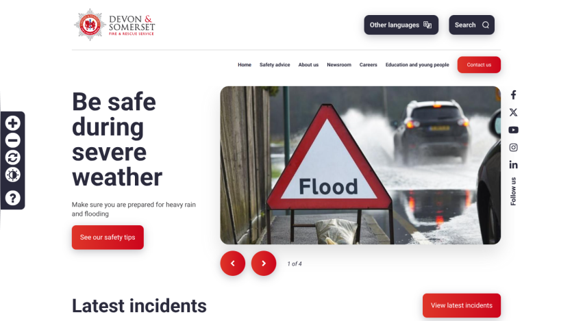 Devon & Somerset Fire & Rescue Service homepage with severe weather safety advice and flood warning image