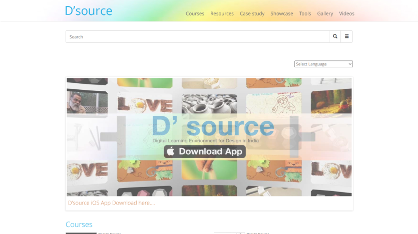 D'source website header with navigation, search bar, and hero section promoting digital learning environment and iOS app download