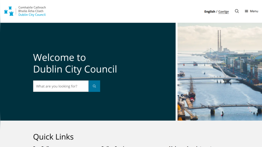 Homepage of Dublin City Council with search bar and quick links section.