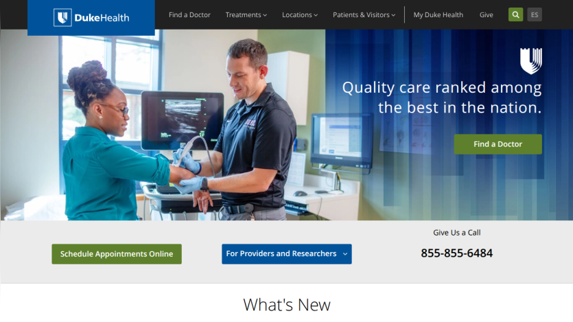 Duke Health homepage featuring quality care ranking and appointment scheduling options.