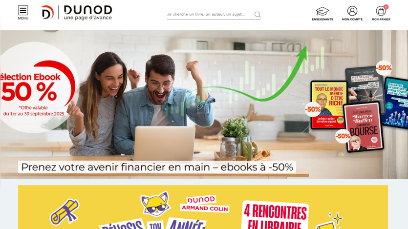 Homepage featuring a 50% discount on ebooks and promotional offers.