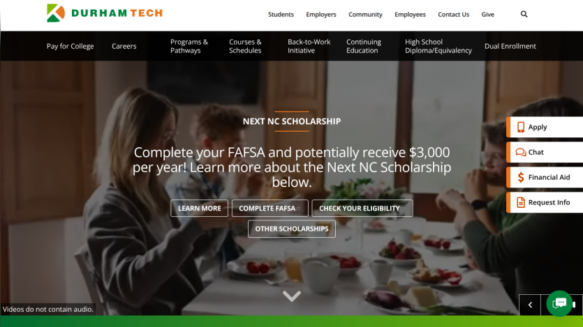 Durham Tech homepage promoting the NEXT NC Scholarship with a call to complete FAFSA and apply online